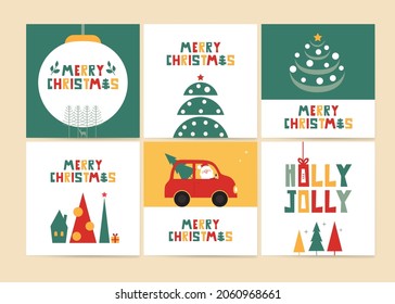 Set of cute colorful Christmas Illustrations with creative trees, Santa, Holly Jolly clipart. Holiday cards, social media banners, ads, greetings, posts, layout, etc. 