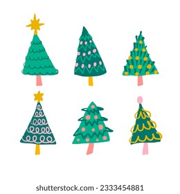 Set of cute colorful Chrsitmas trees with decorations. Holiday season hand drawn vector illustration. Winter illustration. Xmas trees collection.