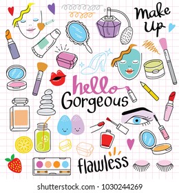 Set of cute and colorful cosmetic doodle hand drawing on paper.