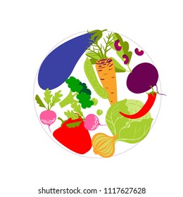 Set with cute colorful d vegetables. Vegetables flat icons set: beet, carrot, cabbage, radish, eggplant, peas, beans, broccoli .