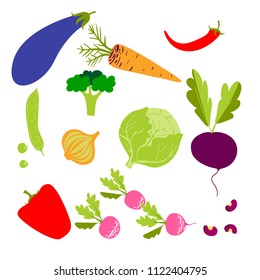 Set with cute colorful d vegetables. Vegetables flat icons set: beet, carrot, cabbage, radish, eggplant, peas, beans, broccoli.