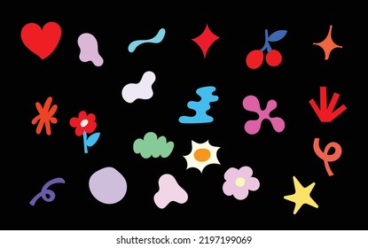 Set of cute, colorful decoration graphics in shapes of heart, cherry, flower and many more.