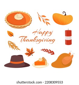 Set of cute, colorful design elements for autumn, and happy thanksgiving icons. Banner with typographic message reads Give Thanks. Pie, hat, pumpkin, leaves. Fall concept. Flat style