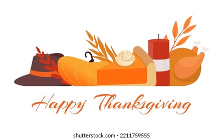 Set of cute, colorful design elements for autumn, and happy thanksgiving icons. Banner with typographic message reads Give Thanks. Pie, hat, pumpkin, leaves. Fall concept. Flat style