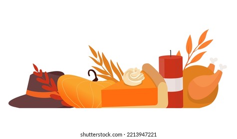 Set of cute, colorful design elements for autumn, and happy thanksgiving icons. Banner with typographic message reads Give Thanks. Pie, hat, pumpkin, leaves. Fall concept. Flat style