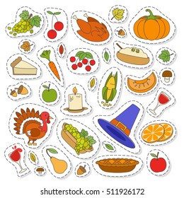 Set of cute, colorful design elements for autumn, fall and thanksgiving. Give Thanks patch icons. Thanksgiving autumn icon with fall seasonal. Pumpkin vegetable, maple leaf, roast turkey, pilgrim hat