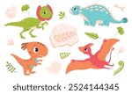 Set of cute, colorful dinosaurs. Pterodactyl, Ankylosaurus, Dilophosaurus in cartoon style. Fossils. Ammonite, Fossilized fern footprint, plant leaves, egg, bone, dinosaur footprints.