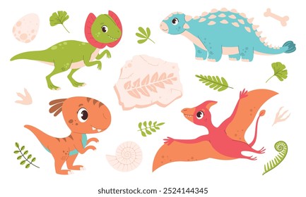 Conjunto de dinossauros bonitos e coloridos. Pterodactil, Ankylosaurus, Dilophosaurus em estilo cartoon. Fósseis. Ammonite, pegada de samambaia fossilizada, folhas de plantas, ovo, osso, pegadas de dinossauros.