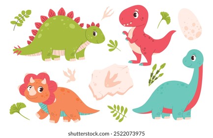 Set süßer, bunter Dinosaurier. Tyrannosaurus, Diplodocus, Triceratops, Stegosaurus im Cartoon-Stil. Fossilien. Fossilisierter Dinosaurierfußabdruck, Pflanzenblätter, Ei.