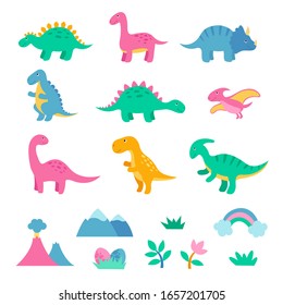 Set of cute colorful dinosaurus. Dinosaur eggs, volcano, plants, rainbow. Vector illustration