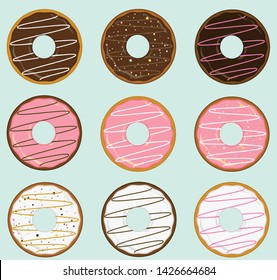 set of cute colorful donuts vector illustration isolated. Front view doughnuts collection,chocolate,vanilla and strawberry glazed doughnuts with sprinkles, menu design,decorative doughnuts.