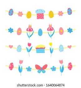 Set of cute colorful doodle garlands with food, flowers and sweets. Can be used for Easter cards, posters, prints, banners.