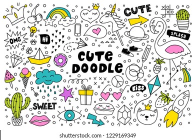 Conjunto de dibujos de la mano de doodle, adorables y coloridos, sobre fondo blanco. 