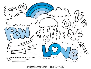 Set of cute and colorful doodle hand drawing on white background