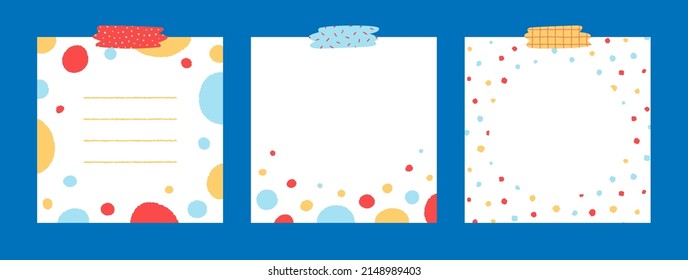 Set of cute colorful dot notepad with tape hand drawn vector illustration. Template paper for sticker note, memo. Cartoon style. Isolated on white.
