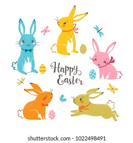 Set of cute colorful Easter bunnies, Easter eggs, butterflies, dragonflies and hand drawn text.