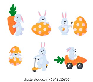Set of cute colorful Easter bunnies, Easter eggs, butterflies, dragonflies and hand drawn text.