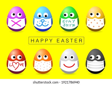 Set of cute colorful Easter egg wearing various pattern face mask with Happy Easter text. Easter eggs with Coronavirus (COVID 19) pandemic concepts vector for celebratory design.