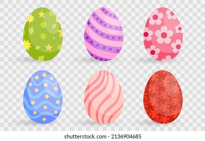 Set of cute colorful Easter eggs on png background, Easter symbol, decorative vector elements collection. Collection of colored eggs. Vector illustration on PNG background.