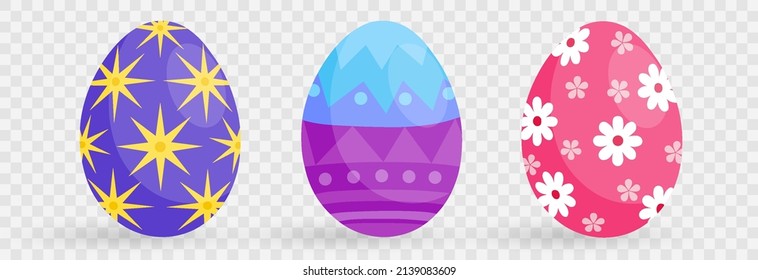 Set of cute colorful Easter eggs on png background, Easter symbol, decorative vector elements collection. Collection of colored eggs. Vector illustration on PNG background.