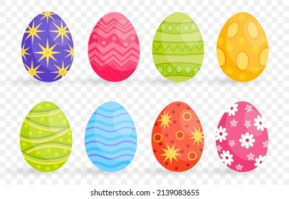 Set Of Cute Colorful Easter Eggs On Png Background, Easter Symbol, Decorative Vector Elements Collection. Collection Of Colored Eggs. Vector Illustration On PNG Background.