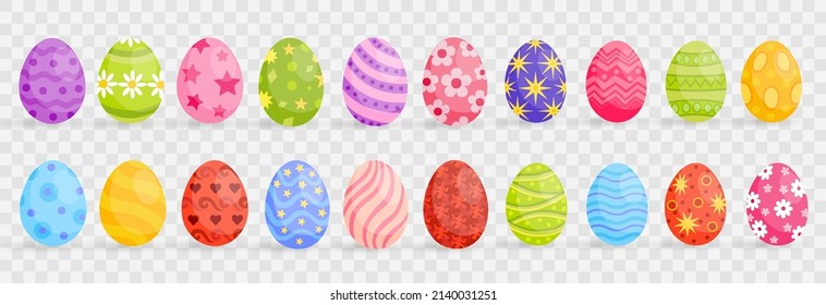 Set of cute colorful Easter eggs on png background, Easter symbol, decorative vector elements collection. Collection of colored eggs. Vector illustration on PNG background.