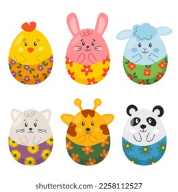 Juego de bonitos huevos de Pascua coloridos aislados en un fondo blanco. Conejo de símbolos de Pascua, conejo, pollo, gato, cordero, elementos decorativos vectoriales. Colección de huevos de colores para carteles, tarjetas de impresión.