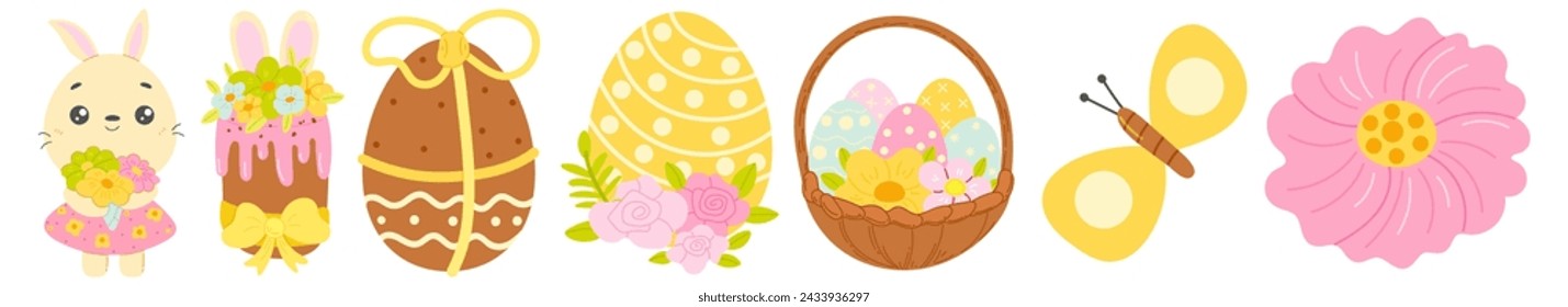 Set of cute colorful Easter eggs, Easter symbol, decorative Easter vector elements collection. Collection of colored eggs, cakes and flowers.