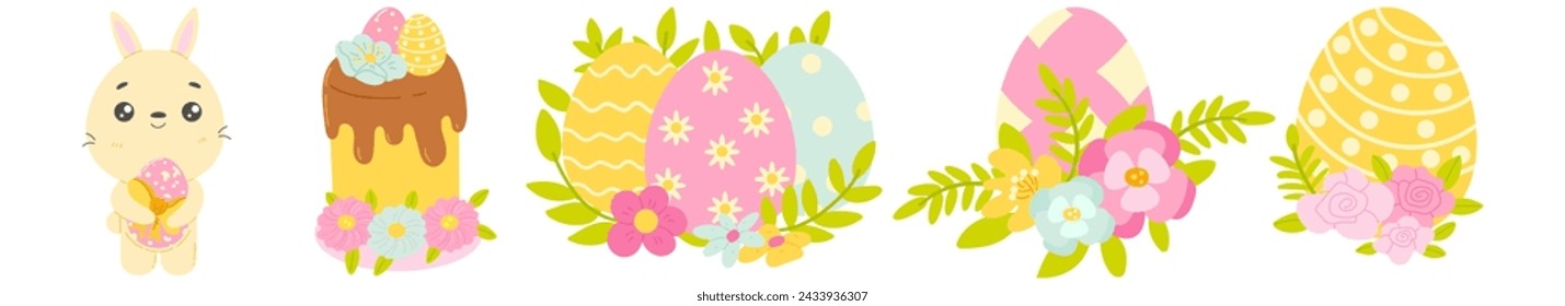 Set of cute colorful Easter eggs, Easter symbol, decorative Easter vector elements collection. Collection of colored eggs, cakes and flowers.