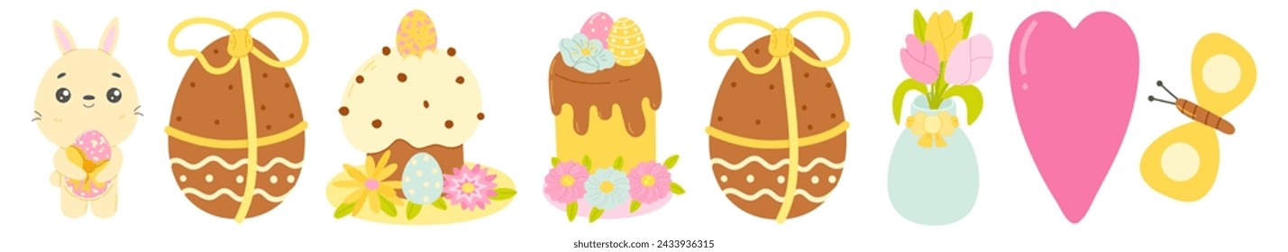 Set of cute colorful Easter eggs, Easter symbol, decorative Easter vector elements collection. Collection of colored eggs, cakes and flowers.