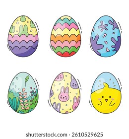Set of Cute and Colorful Easter Eggs with Bunny, Chick, and Floral Patterns – Hand-Drawn Vector