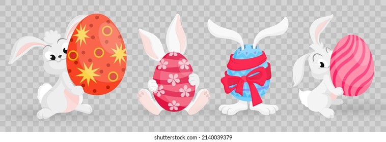 Set of cute colorful Easter rabbits , Easter symbol vector collection. Collection of cartoon easter bunnies, spring festive animals. Vector illustration on PNG background.