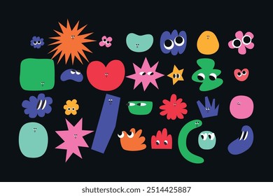 Ensemble de formes d'émotions colorées mignonnes pour des affiches logo de création d'identité de marque sur fond noir