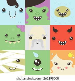 set of cute colorful faces of fictional characters