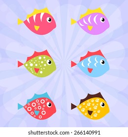 Set of cute colorful fish with different ornament. Set of icons. Collection of icons
