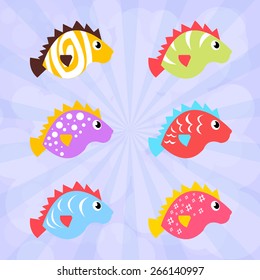 Set of cute colorful fish with different ornament. Set of icons. Collection of icons

