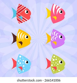 Set of cute colorful fish with different ornament. Set of icons. Collection of icons
