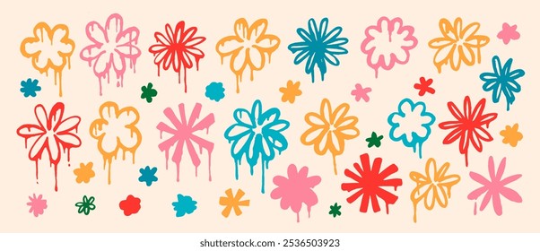 Set of cute  colorful flowers. Hand painted graffiti style. Groovy retro botanical elements. Funky graffiti wall art, street style.