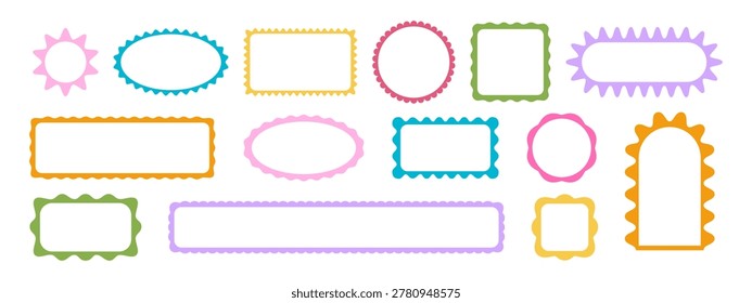 Set of cute colorful geometric frames with scalloped borders. Empty boxes, tags, labels or banner templates with wavy edges isolated on white background. Vector flat illustration.