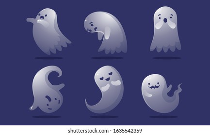Set of cute colorful ghosts with different facial emotions. Vector illustration in flat cartoon style.
