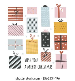 Set of cute colorful gift boxes with bows and ribbons. Flat design for Christmas, New Year, Birthday gifts on white background.