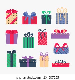 Set of cute colorful gift boxes, isolated on gray background. Postcard, greeting card. Christmas gifts, sale. Vector illustration. 