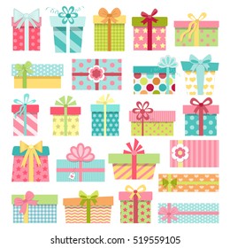 Set Of Cute Colorful Gift Boxes With Bows And Ribbons. Wrapped Presents. Christmas, New Year, Birthday Gifts On White Background. Vector Illustration In Cartoon Style