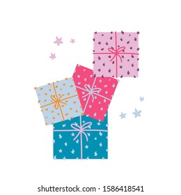 Set of cute colorful gift or present  boxes with bows and stars. Design for holidays, birthday, party. Print for fabric, card, invitation. Isolated on white background. Flat. Vector stock illustration