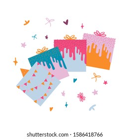Set of cute colorful gift or present  boxes in shape of cake. Design for holidays, birthday, party. Print for fabric, card, invitation. Isolated on white background. Flat. Vector stock illustration.