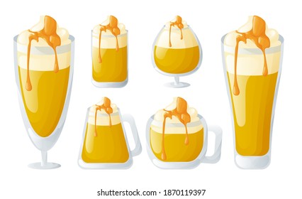 Set of cute colorful glasses of different shapes with butter beer. Isolated objects in the white background. Flat style illustration.