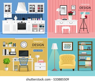 Set of cute and colorful graphic interior design room types with furniture: kitchen, living room, home office. Flat style vector illustration.