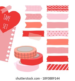 Set of cute colorful hand drawn masking tape, blank tags label stickers with patterns in red and pink colors as design elements for decoration valentine card. Vector illustration