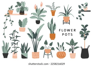 Set of cute colorful hand drawn flower pots. Flat style, simple doodle home plants. Botany hand drawn illustrations of gardening. Urban jungle concept. Spring time. Natural trendy home decor