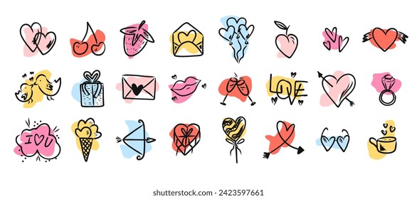 Conjunto de adorables símbolos de amor del vector del doodle dibujado a mano para la decoración de San Valentín. Elementos de diseño encantadores para pegatinas, patrones, decoración de tarjetas de felicitación para San Valentín